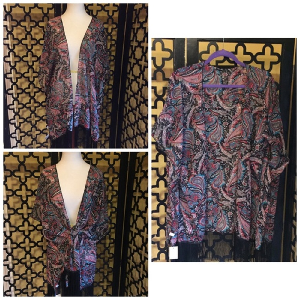 BLUE AND RED PAISLEY‎ FRINGED KIMONO COVER UP